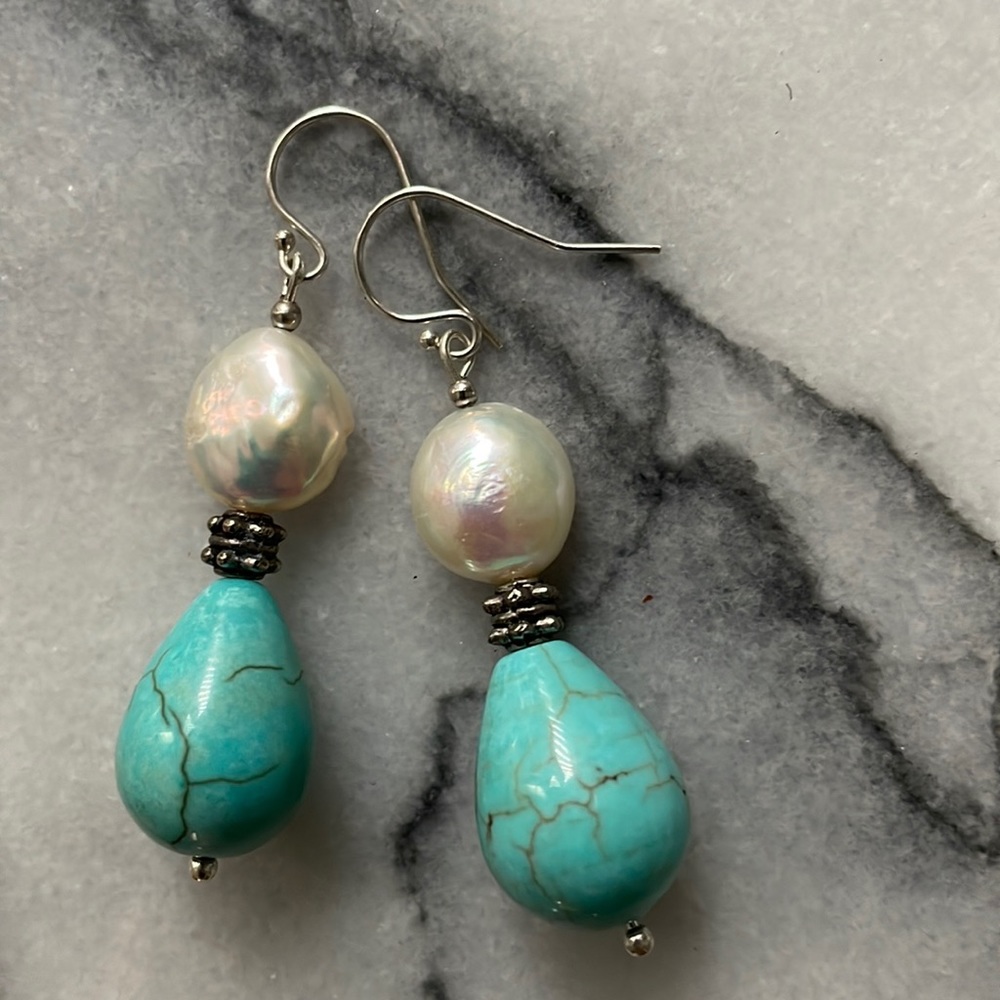 Freshwater pearl baroque teardrop stone sterling silver 925 earrings - Picture 11 of 16